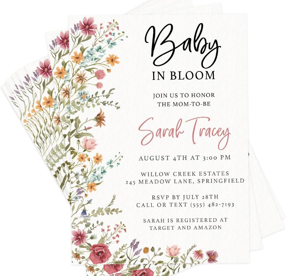 Printed Party Custom Baby Shower Invitations with Envelopes – Wildflower | Baby in Bloom Floral Design | Includes Matching Envelopes | For Girl Baby Shower or Sprinkle | Made in USA | 5x7