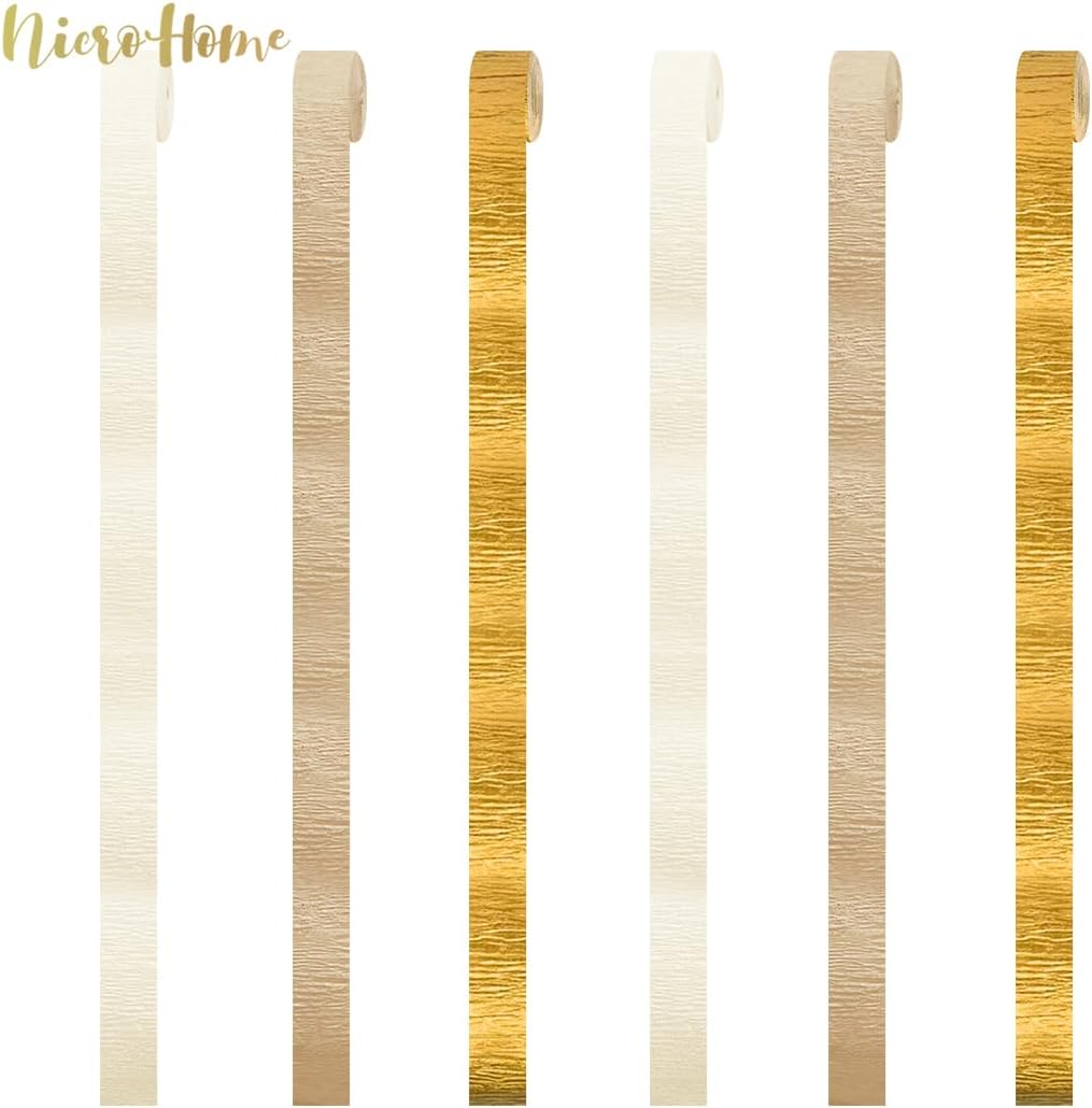 NICROHOME EUR Wedding Decorations, 6 Rolls Ivory White Gold Light Brown Crepe Paper Streamers for Bridal Shower, Birthday Party, Golden Engagement Party, New Year Decorations 82 Ft Long