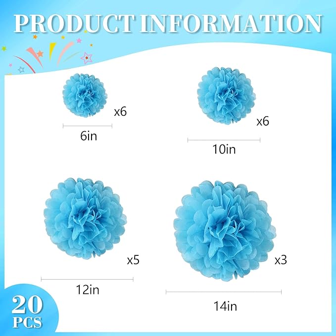 20 PCS Baby Blue Tissue Paper Pom Poms, Tissue Pom Poms Flowers, Sizes of 6", 10", 12", 14" Hanging Paper Flower Ball for Wedding, Birthday, Halloween, Christmas, Baby Shower Party Decor