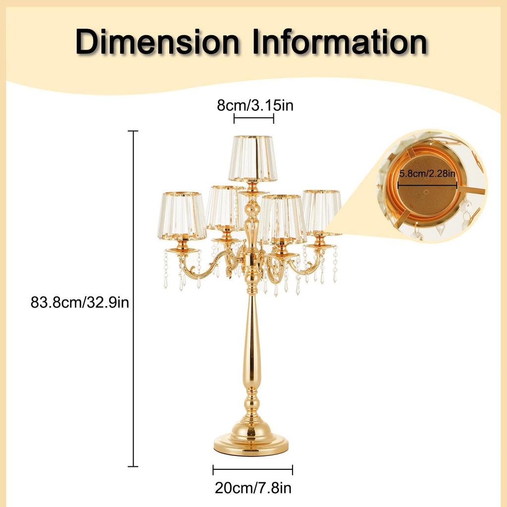 5 Arms Crystal Gold Candelabra Centerpiece | 33 Inch Tall Candle Holder with Glass Shade,Table Decor for Wedding Anniversary Dinner Party Home Gift