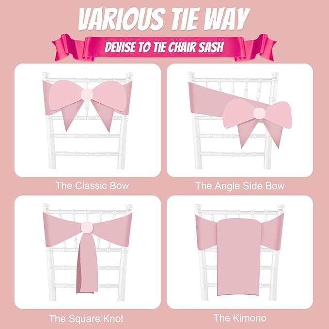 50 PCS Blush Pink Satin Chair Sashes Bows Universal Chair Ribbon Ties Back Sash for Wedding Party Reception Events Banquets Hotel Event Chair Cover Decoration (7x108 inch)