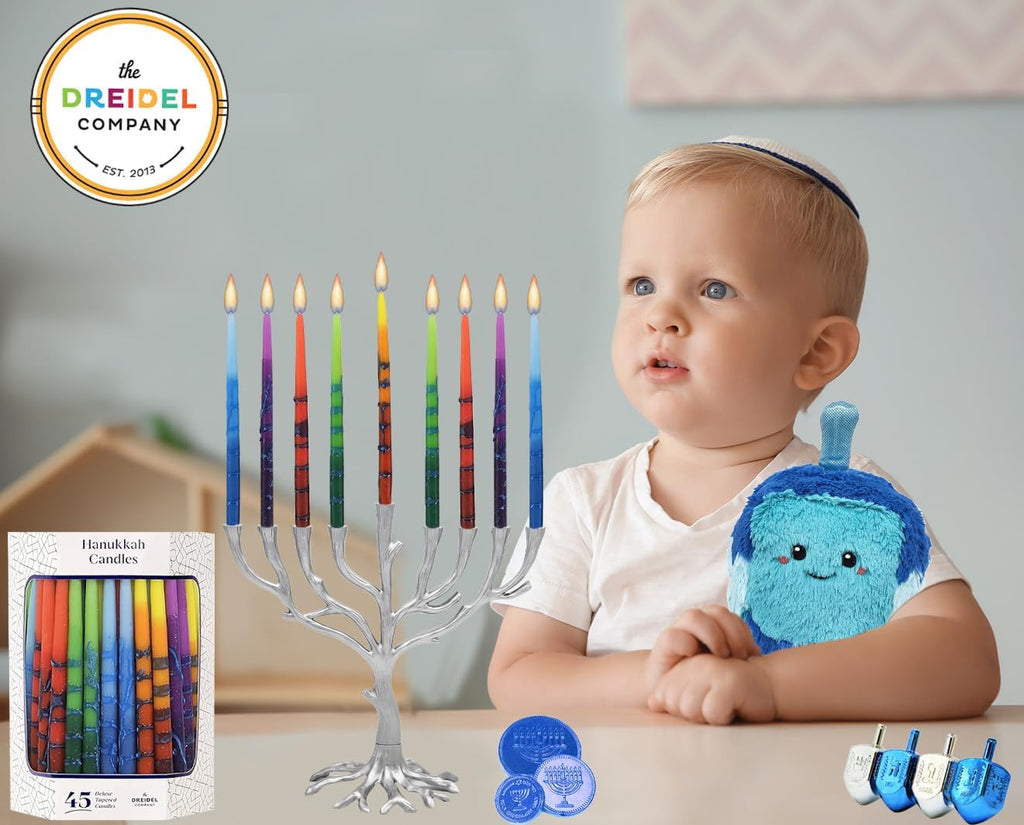 The Dreidel Company Dripless Hanukkah Candles, Multicolored Striped Deluxe Tapered Decorations, 1-Hour Burn Time 45 Menorah Candles for All 8 Nights of Chanukah