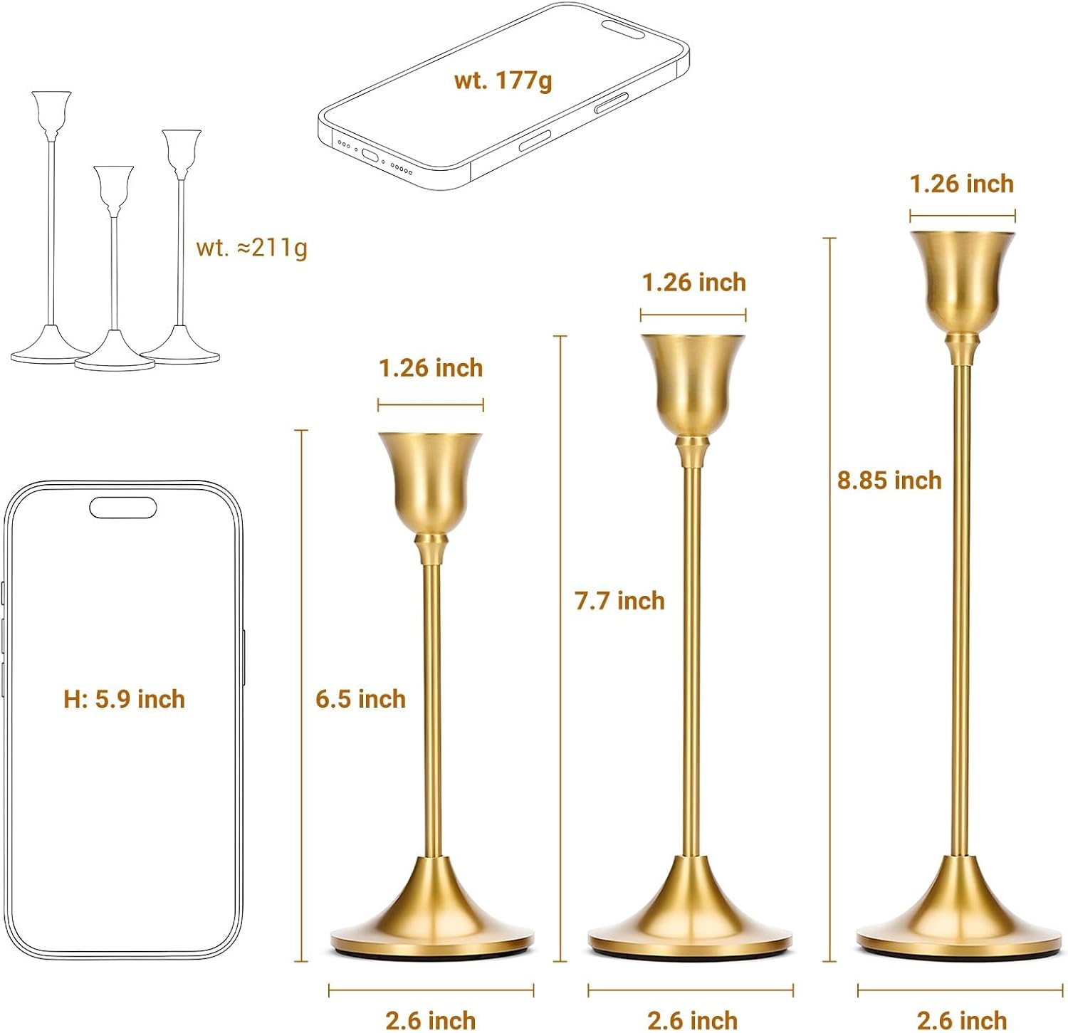 Tifanso Taper Candle Stick Holder - 3PCS Brass Gold Pillar Tall Candlestick Holders Metal Vintage Decor Dinner Table Dining Room Centerpieces Decorations for Wedding Fireplace Mantel Housewarming Gift