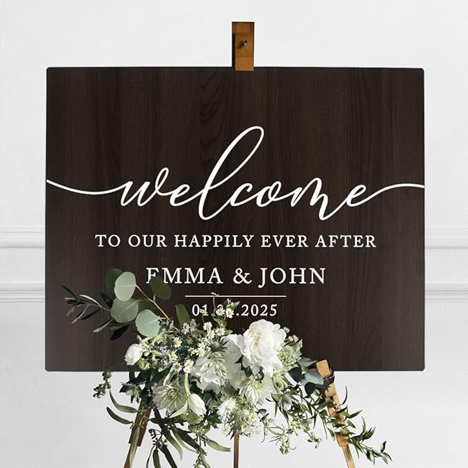 Andaz Press Large Wooden Welcome Sign for Wedding, Rustic Welcome Sign 16" x 20" Custom Names & Date, Woodland Wedding Signage, Dark Walnut MDF Wood Finish Wedding Reception Indoor Outdoor Signs