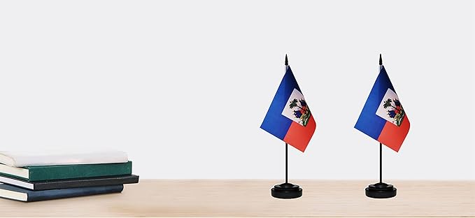 Haiti Haitian Deluxe Desk Flag Set Small Mini Miniature Haiti Haitian Table Desktop Flags With Solid Pole, Black Base and Spear Top(2 Pack)