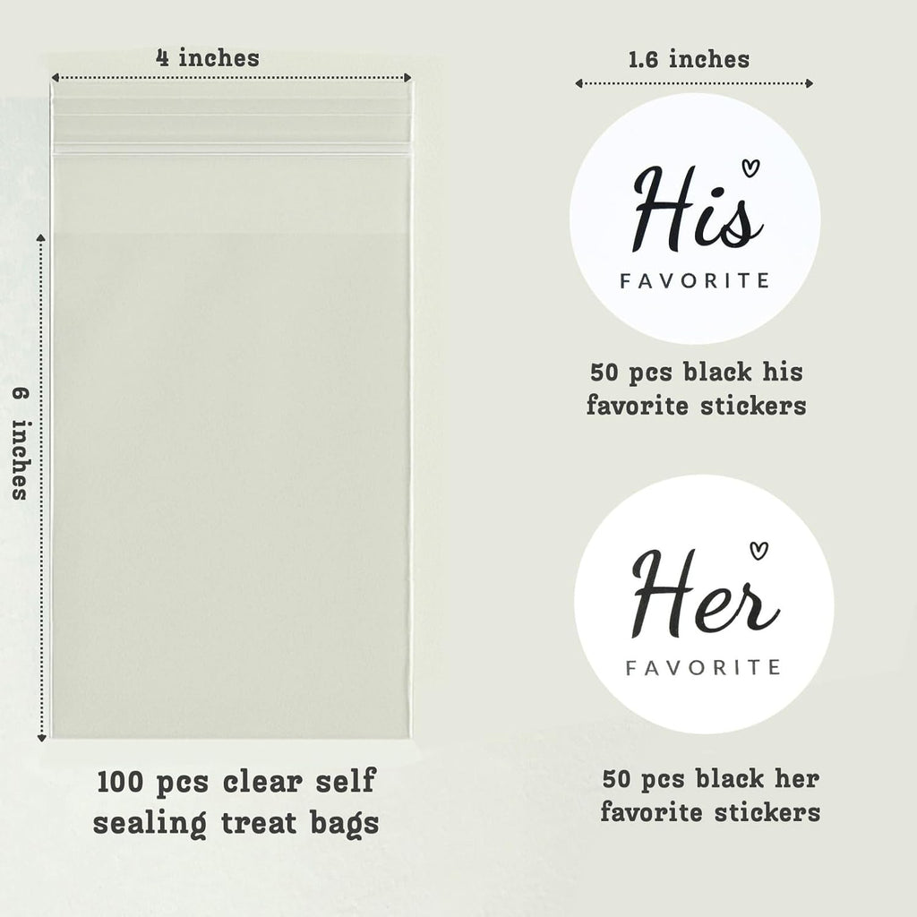 His Favorite Her Favorite Stickers (50 + 50) with 100 Clear Gift Bags – Perfect Wedding Party Favors, Guest Welcome Bag Stuffers, Bridal Showers & Engagements