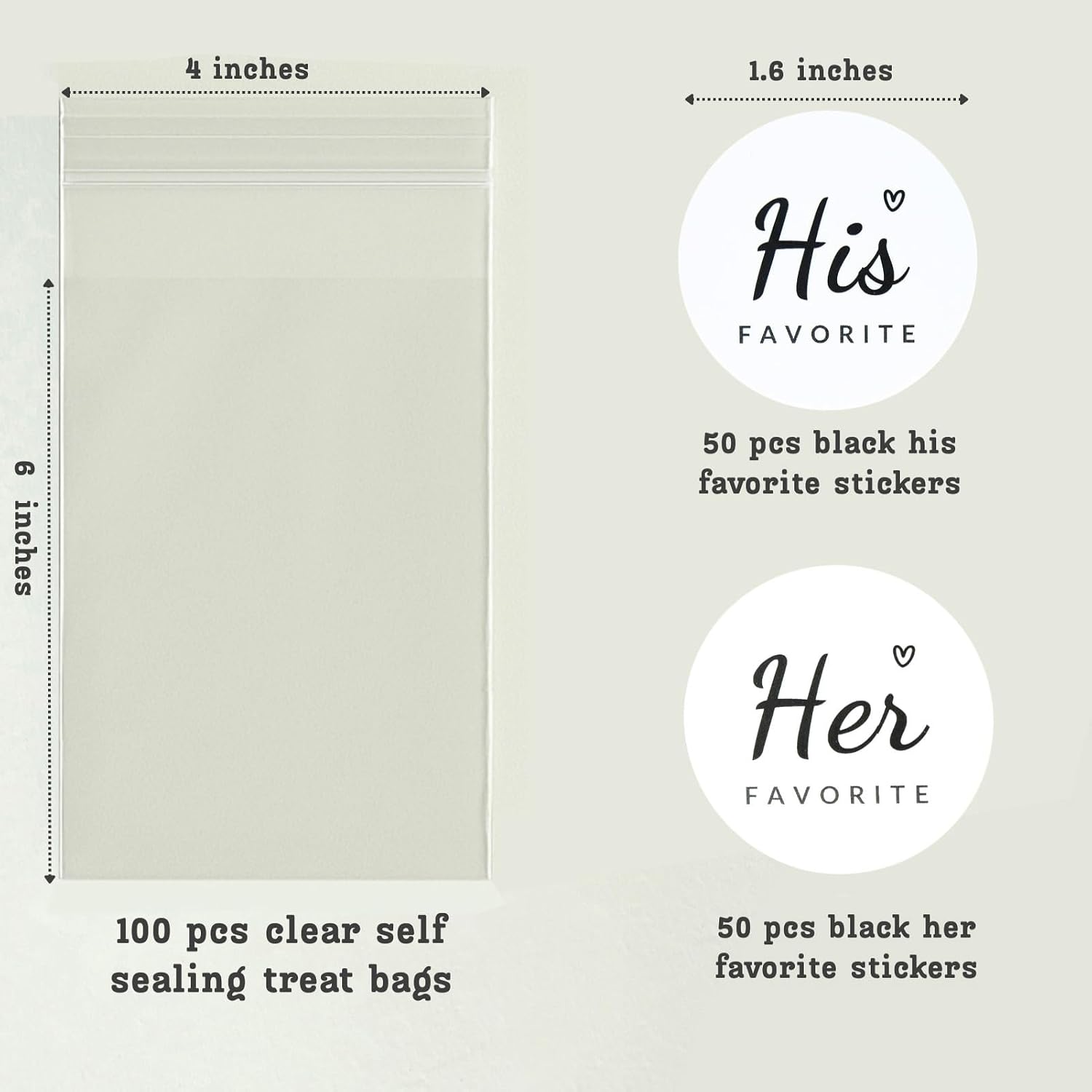 His Favorite Her Favorite Stickers (50 + 50) with 100 Clear Gift Bags – Perfect Wedding Party Favors, Guest Welcome Bag Stuffers, Bridal Showers & Engagements
