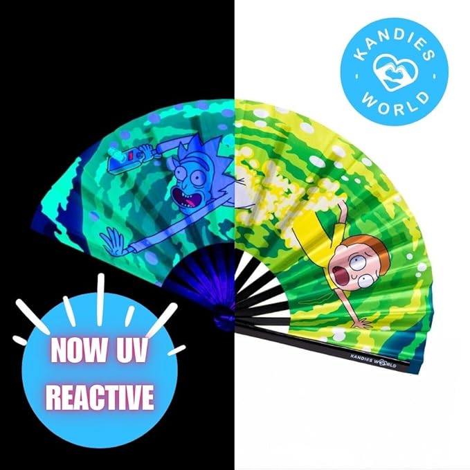Kandies World UV Reactive Custom Festival Folding Hand Fan - Unique Designs, Made of Bamboo, Clacking Sound, Lightweight - Perfect Rave and Festival Accessory!