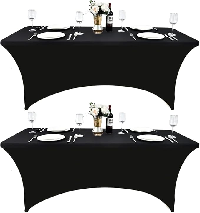 2-Pack 4ft Black Spandex Table Covers for Rectangular Folding Tables - Wrinkle Resistant Stretch Tight Table Cloths - Ultimate Fitted Table Protector for Parties, Banquet, and Wedding