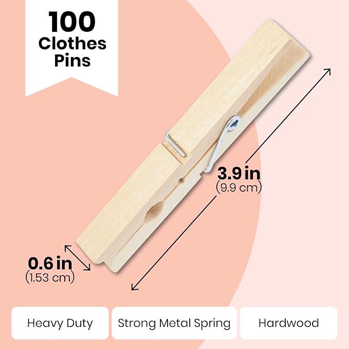 Juvale Wooden Clothespins & Hanging Clips - 100 Pack, 3.9x0.6x0.6in, Natural Wood, Modern - Heavy Duty Laundry Clips for Outdoor Clothesline - Clothespins for Crafts & Photo Displays