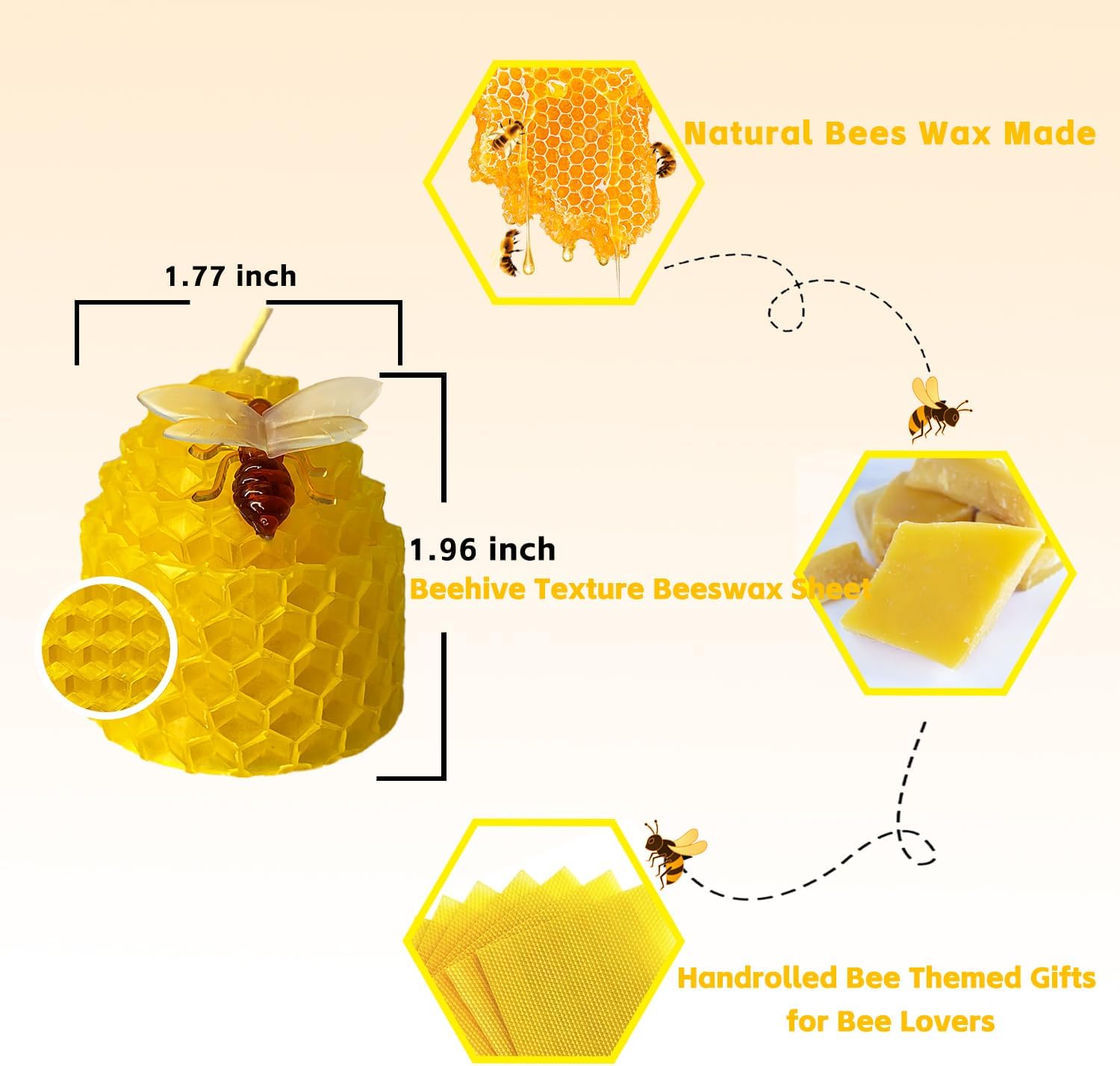 Beeswax Candles Set of 6pcs, Bee Candles with Little Bee Ornament Decors, Unscented & Dripless& Smokeless, Dia 1.77" x1.97" Each, Yellow