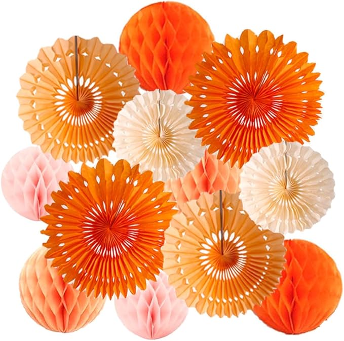 12pcs 6’’ 8’’ Honeycomb Balls Tissue Paper Fans Party Honeycomb Ball Fans Wall Tissue Pom Poms Flower Balls Hanging Paper Fans for Party Baby Shower Birthday Wedding Nursery Wall Decor(Orange kit)