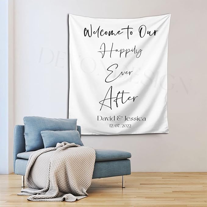 Welcome to Our Happily Ever After Backdrop - Custom Tapestry With Names and Date, Rustic Wedding Sign, Personalized Calligraphy Banner for Ceremony, Arch, Reception
