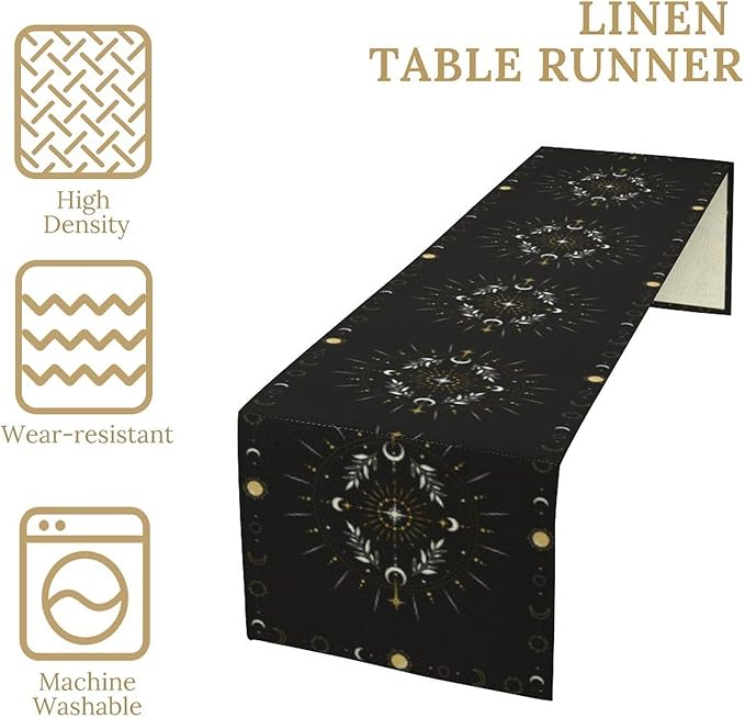 Sun Moon Table Runner - Magical Leaves Mysterious Western Traditional Elements Black White Table Runner for Party Living Room Home Kitchen Dinner - 13x36 Inch