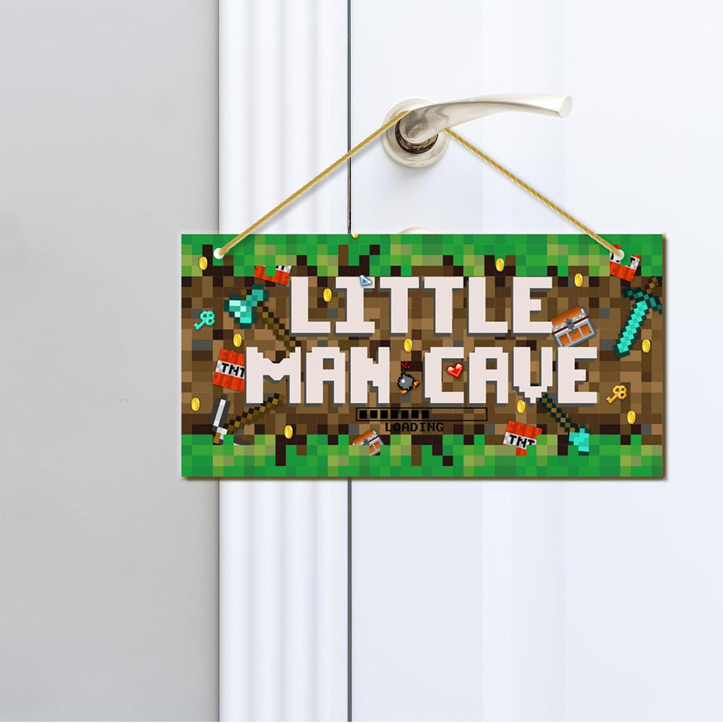 Little Man Cave, Boys Pixel Gaming Room Decor Wooden Door Sign for Gamer Room, Baby Boys Bedroom Wall Decorations for Nursery Toddler Nursery Playroom Wall Art
