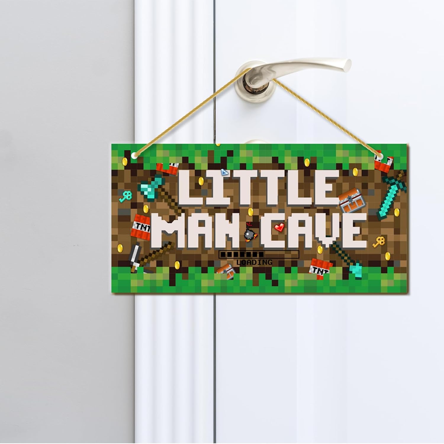 Little Man Cave, Boys Pixel Gaming Room Decor Wooden Door Sign for Gamer Room, Baby Boys Bedroom Wall Decorations for Nursery Toddler Nursery Playroom Wall Art