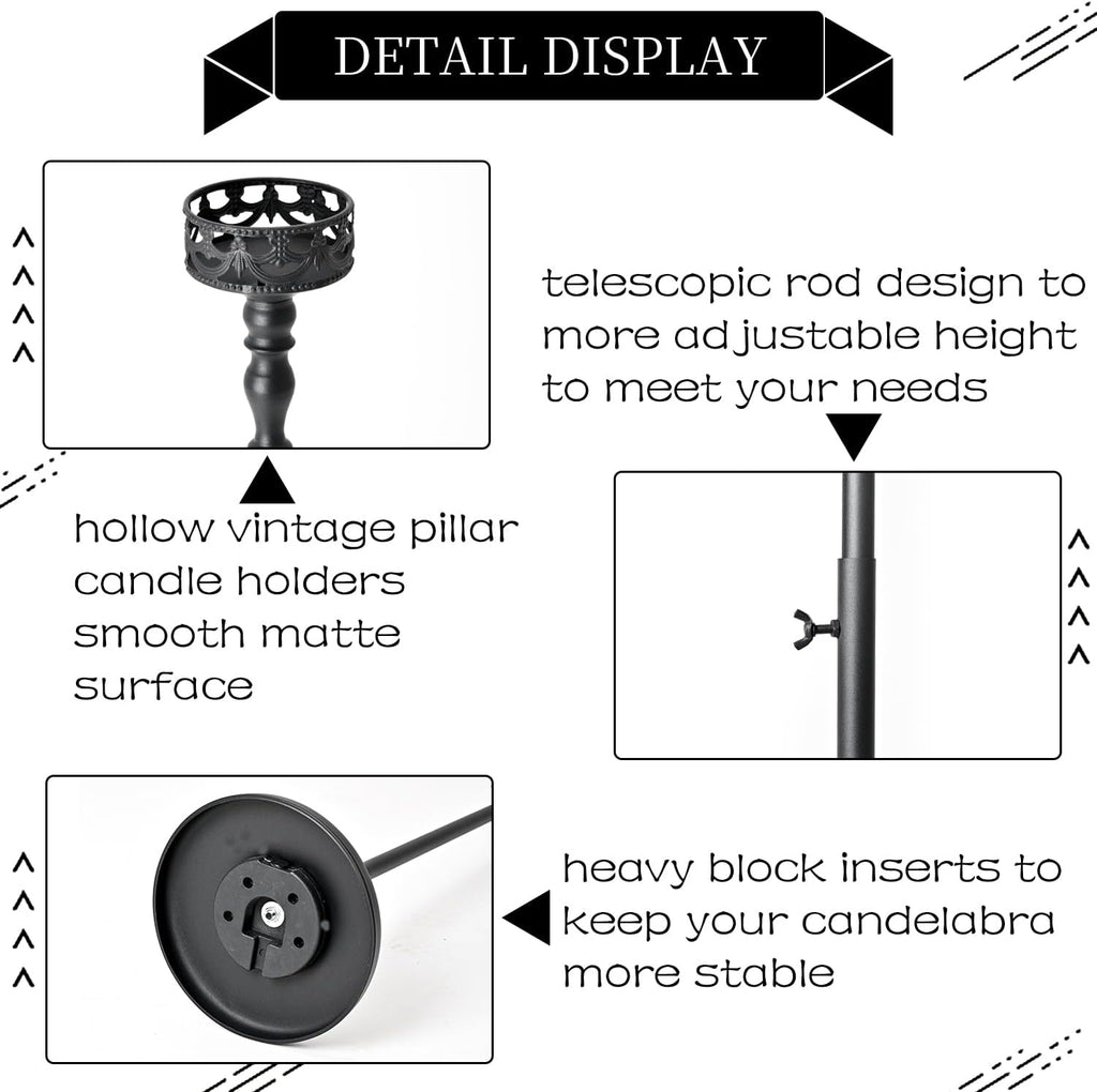 3Pcs Matte Black Floor Candle Holders Centerpieces for Pillar Candles | Adjustable Height,Halloween Metal Candlestick Set,Wedding Party Home Ceremony Mantel Fireplace Decorations
