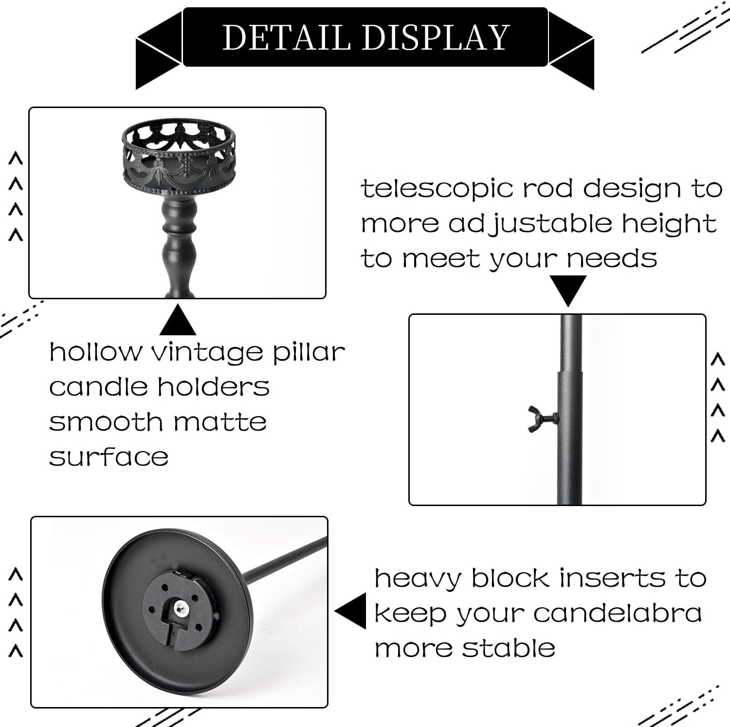 3Pcs Matte Black Floor Candle Holders Centerpieces for Pillar Candles | Adjustable Height,Halloween Metal Candlestick Set,Wedding Party Home Ceremony Mantel Fireplace Decorations
