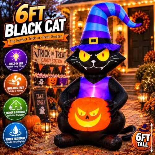 6ft halloween inflatable black cat, lighted yard decoration shown in use