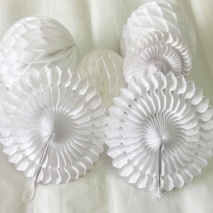 12pcs White Honeycomb Balls Tissue Paper Fans Party Honeycomb Ball Fans wall Decorations Tissue Pom Poms Flower Balls Hanging Paper Fans For Party Baby Shower Birthday Wedding Nursery Decor(white kit)