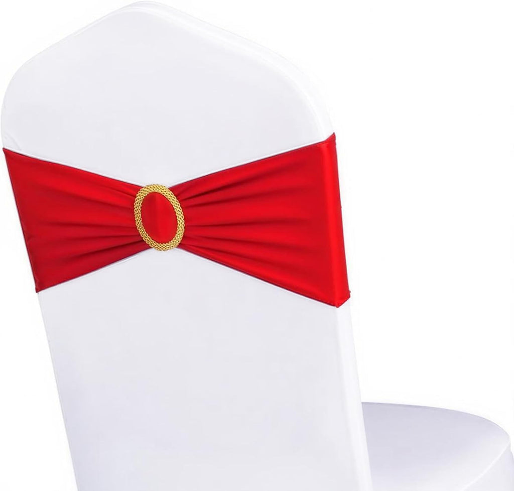 Pack of 50 Spandex Red Chair Sashes with Gold Buckles, Stretch Chairs Sashes for Wedding Party Baby Shower Ceremony Event Decorations Chair Bands Bows (Red Sashes, Gold Buckles)
