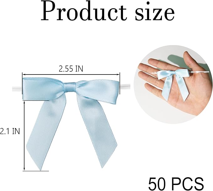 50Pcs Baby Blue Twist Tie Bows for Gift Wrapping 2.5" Satin Ribbon Bow for Treat Bags Cake Balloons Birthday Party Favors Wedding Decorations