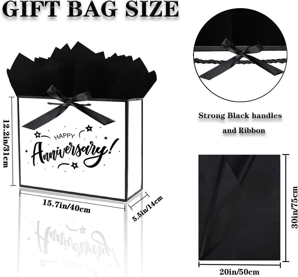 JWSCYSY 15.7" White and Metallic Black Happy Anniversary Bag with Card, Gift Bag with Ribbon and Tissue Paper, Gift ideas for Anniversary Party, Wedding Party Supplies.