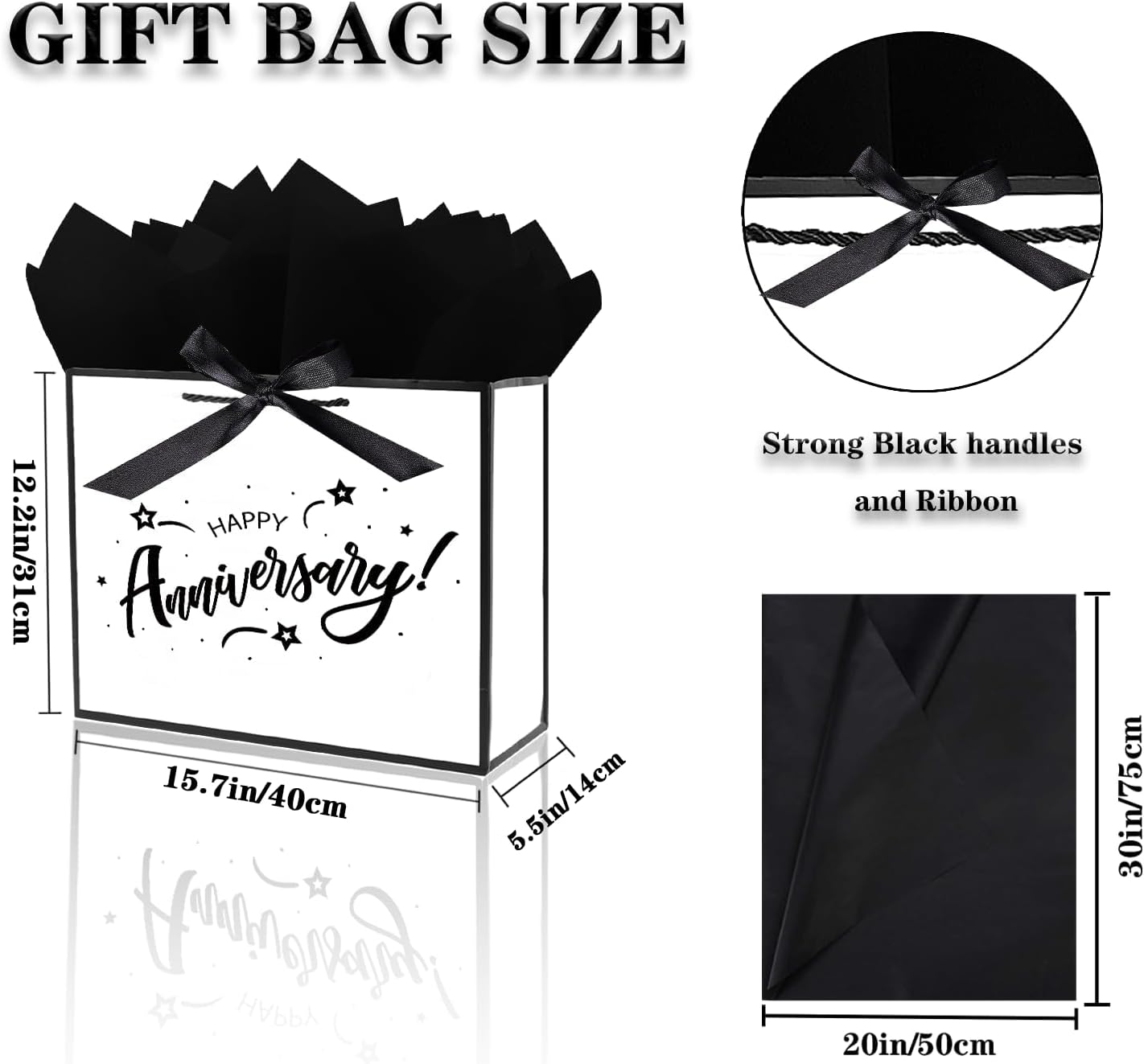 JWSCYSY 15.7" White and Metallic Black Happy Anniversary Bag with Card, Gift Bag with Ribbon and Tissue Paper, Gift ideas for Anniversary Party, Wedding Party Supplies.