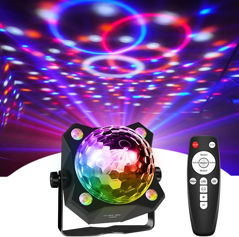 LED Disco Ball Party Light, Sound Activated Remote, 6 Color Strobe Lamp