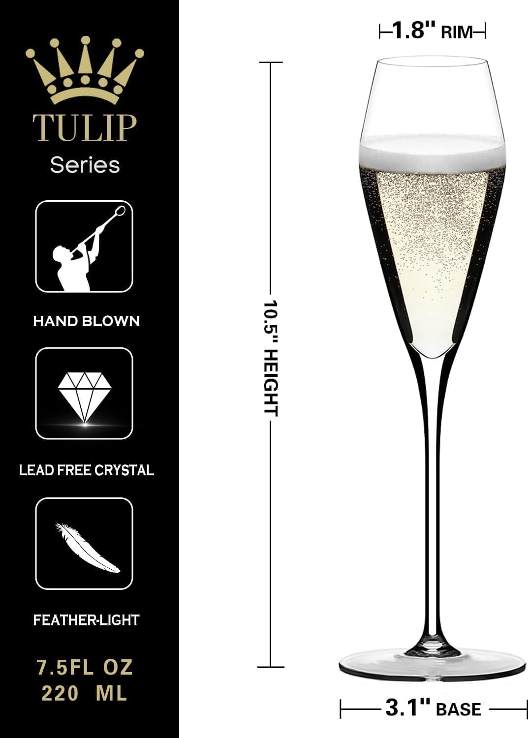 OJA Champagne Flutes, Crystal Champagne Glasses Set of 4, 7.5oz, Hand Blown