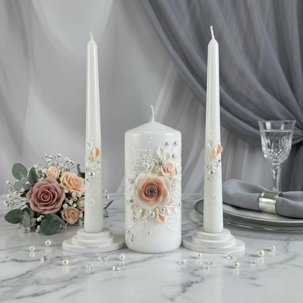 Unity Candle Set - Wedding Ceremony & Reception – 6” Pillar & Two 10” Taper Candles – Long Burning Unity Candles for Marriage Ritual – Handmade in USA – White | Rose