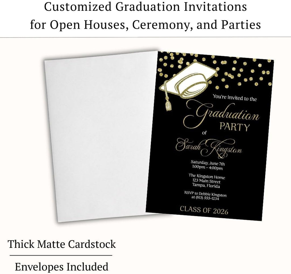 Graduation Invitations Black And Gold, Grad Cap Confetti Invite | Set of 12 | Customizable High School College Announcement Invites With Envelopes