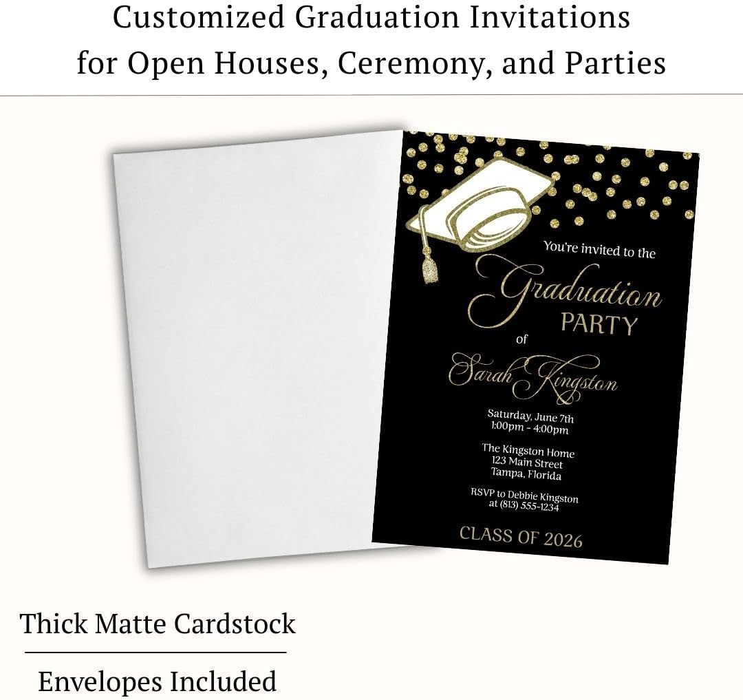 Graduation Invitations Black And Gold, Grad Cap Confetti Invite | Set of 12 | Customizable High School College Announcement Invites With Envelopes