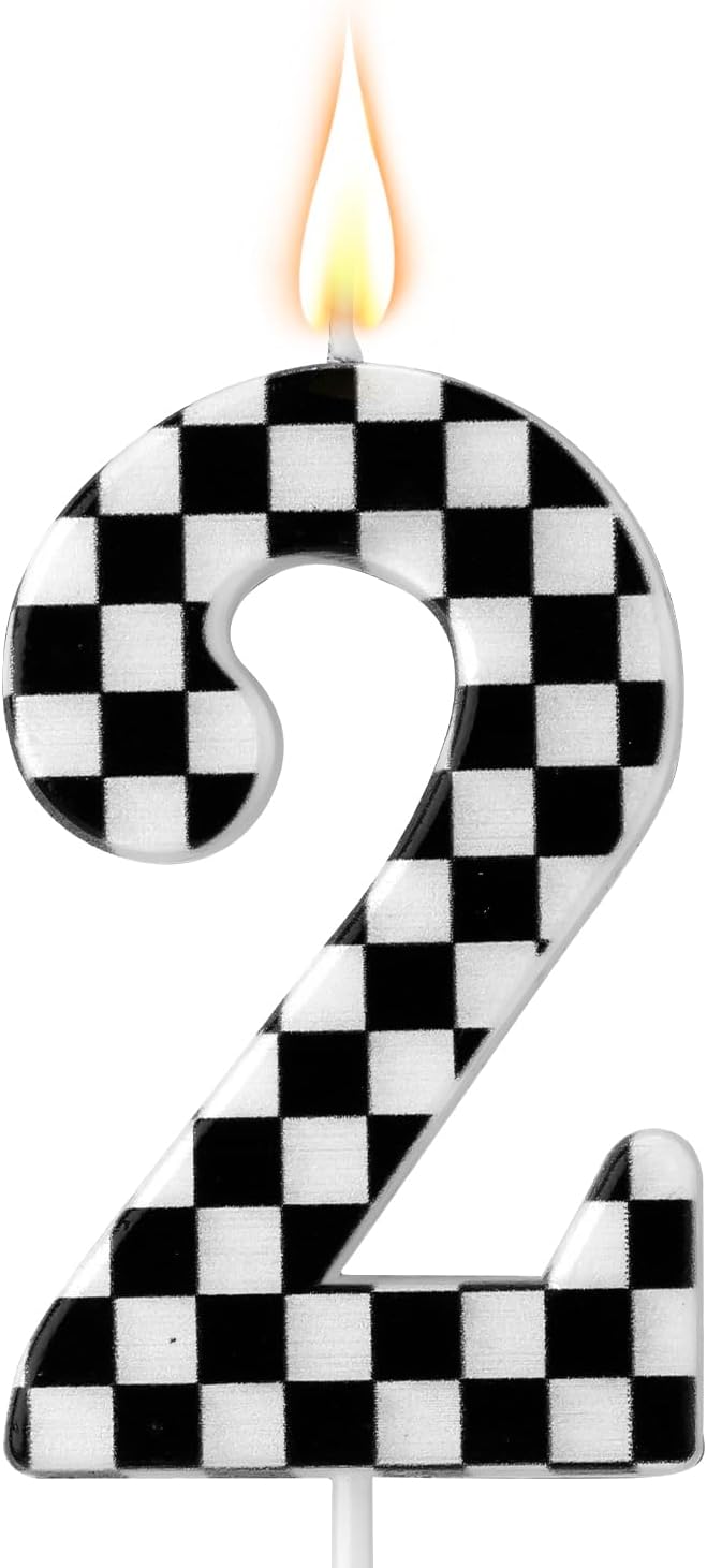 Racing Cars Themed Birthday Candle, Checkered Flag Number Candles Black and White Candles Happy Birthday Cake Topper Party Decorations for Boys Racing Cars Themed Party Supplies (Number 2)