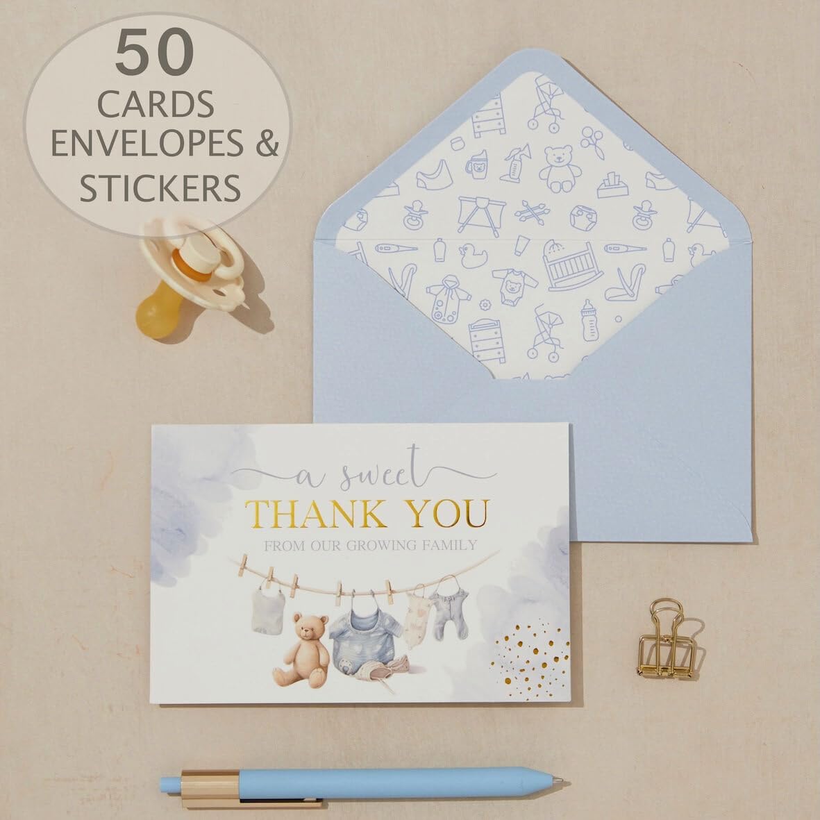 Baby Shower Thank You Cards - 50 Baby Thank You Notes with Assorted Envelopes & Stickers - Cute Watercolor & Gold Foil Delicate Greeting Cards Bulk Pack