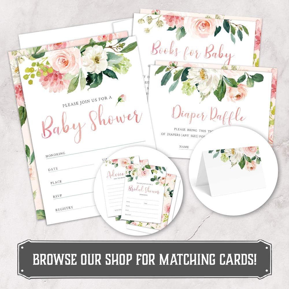 Set of 25 Floral Baby Shower Invitations, Diaper Raffle Tickets and Baby Shower Book Request Cards with Envelopes. It's a Girl Pink Boho Fill-in Invites for Baby Shower
