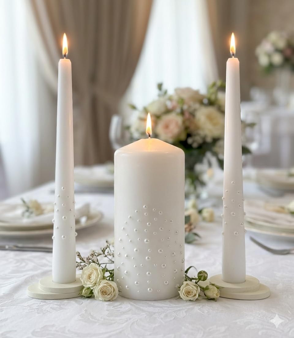 Unity Candle Set - Wedding Ceremony & Reception – 6” Pillar & Two 10” Taper Candles – Long Burning Unity Candles for Marriage Ritual – Handmade in USA – White| Pearls