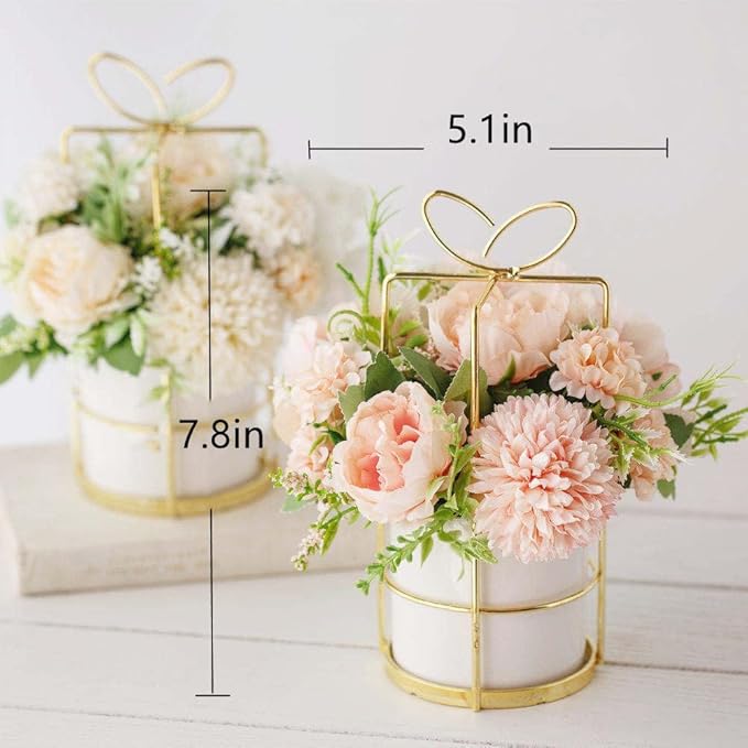 KIRIFLY Fake Artificial Flowers in Vase Faux Peony Silk Hydrangea Flower Centerpieces Décor for Wedding Table Decoration(Pink in Gold)