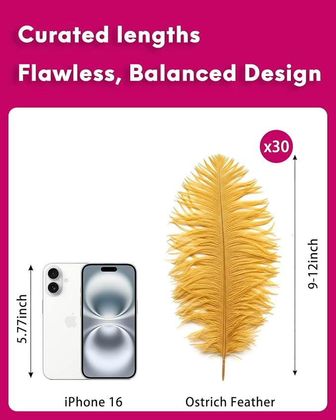 NEWONG 30pcs Gold Ostrich Feathers Natural Bulk 9-12inch(23-30cm) Vase Craft Wedding Home Party Centerpieces Christmas Day Decoration