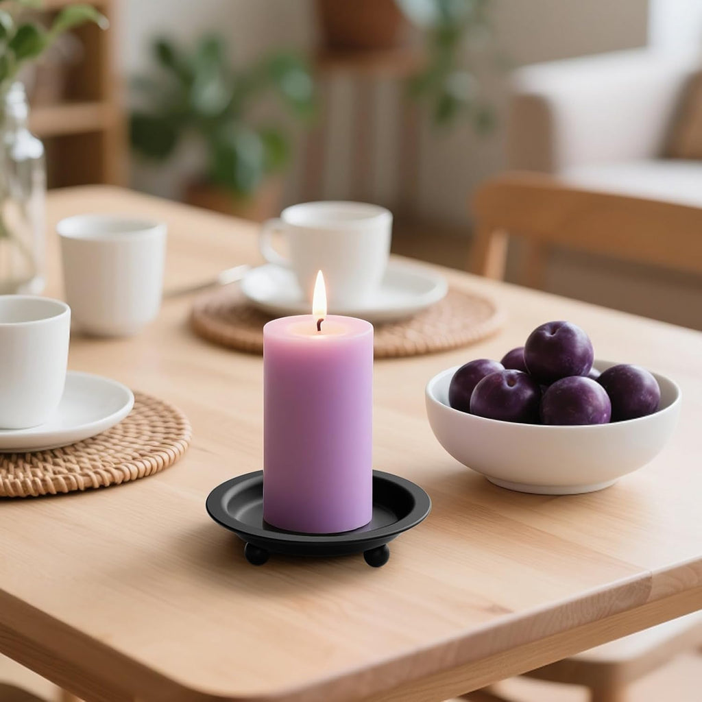 Black Candle Candlestick Holder Decor, 4.13 Inch Round Candles Tray Holders Set of 2, Iron Plate Candle Stand for Pillar Ball Candles, Metal Porta Velas for Home Decor Table Centerpiece