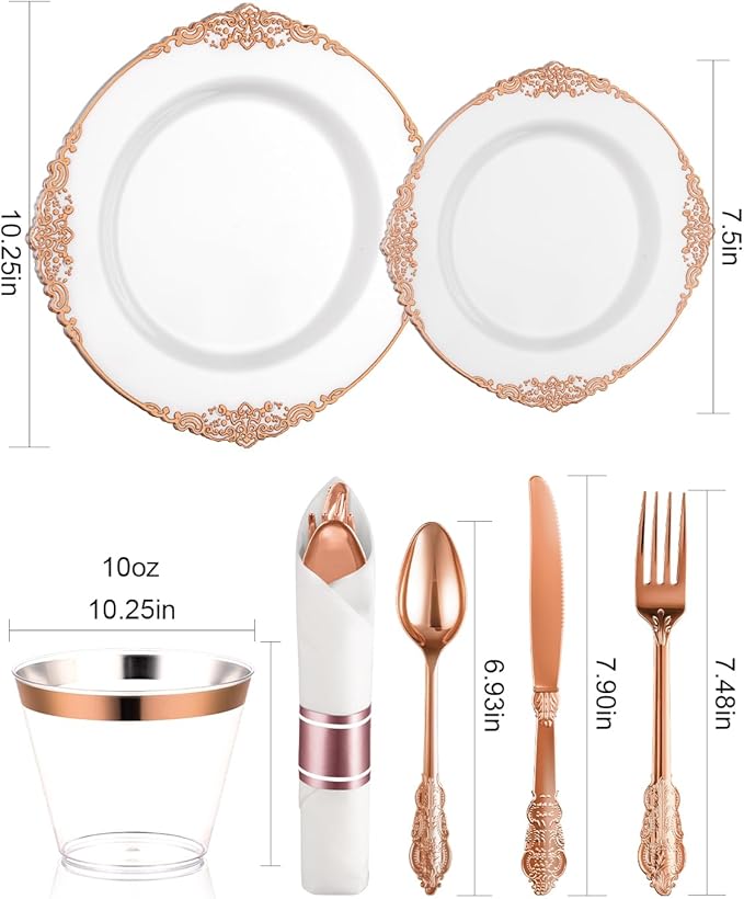 Goodluck 350 Piece Rose Gold Plastic Dinnerware Set for 50 Guests,Fancy Disposable Plates,Include: 100 Rose Gold Rim Plastic Plates,150 Silverwares,50 Pre Rolled Napkins,50 Cups for Party,Wedding