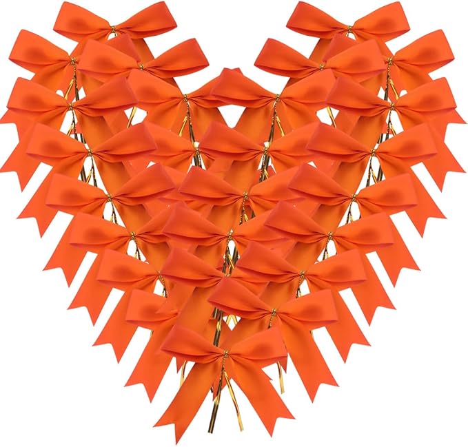 50pcs 3-1/2" Orange Twist Ties Satin Bows in Pumpkin Color Twist Tie Bows for Thanks Giving Halloween Wrapping Fish Tail Cutting(Orange)
