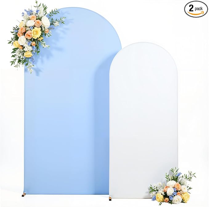 7.2FT 6FT Arch Backdrop Cover for Wedding, Set of 2 Stretchy Spandex Fitted Arch Stand Cover for Baby Shower, Birthday Party Decor, Chiara Backdrop Cover with Double-Sided Design(White, Blue)