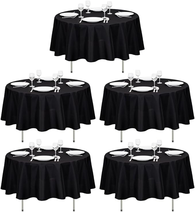 LTC LINENS 5 Pack 90 Inch Round Tablecloth Black - Wrinkle Resistant Round Table Cloth - Washable Polyester Fabric Table Cover for Party