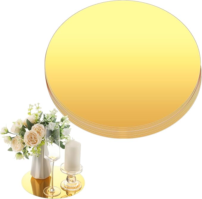 Thyle 12 Pcs 10 Inch Acrylic Round Mirrors for Tables Centerpieces Circle Mirrors Candle Plates for Wall Wedding Table Centerpieces for Baby Shower Party, Thickness 1 mm (Gold)