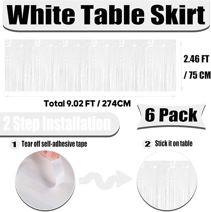6 Pack 29x108 Inch Metallic Foil Fringe Tinsel Table Skirts Banner for Rectangle Tables Streamer Garland Curtains Backdrop for Wedding, Birthday, Parade Floats Party Decoration(White)