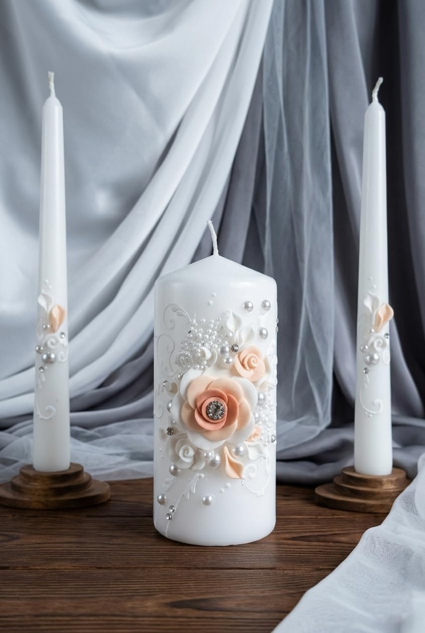 Unity Candle Set - Wedding Ceremony & Reception – 6” Pillar & Two 10” Taper Candles – Long Burning Unity Candles for Marriage Ritual – Handmade in USA – White | Rose