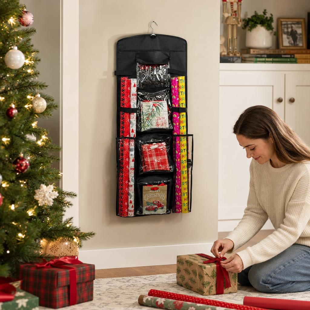 Joyful Moose Gift Bag Organizer Wrapping Paper Storage Container Christmas Gift Wrap Holder (Black)
