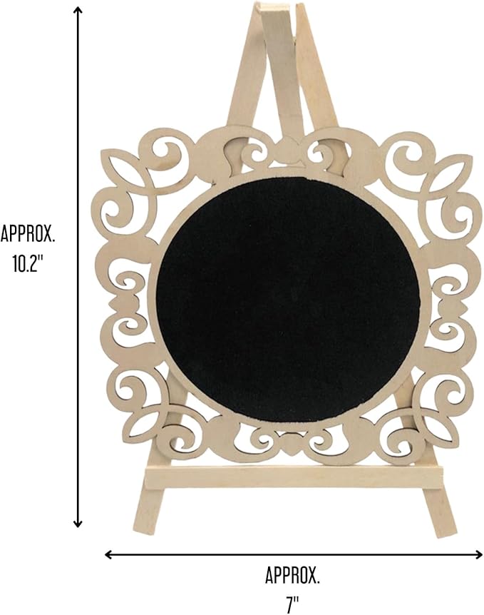 Round Chalkboard Signs Easel with Wood Framed Swirly Design, Includes 1 Chalk Stick, Size: 10" x 7" Wooden Blackboard, Perfect for Home Decor & Events Decoration