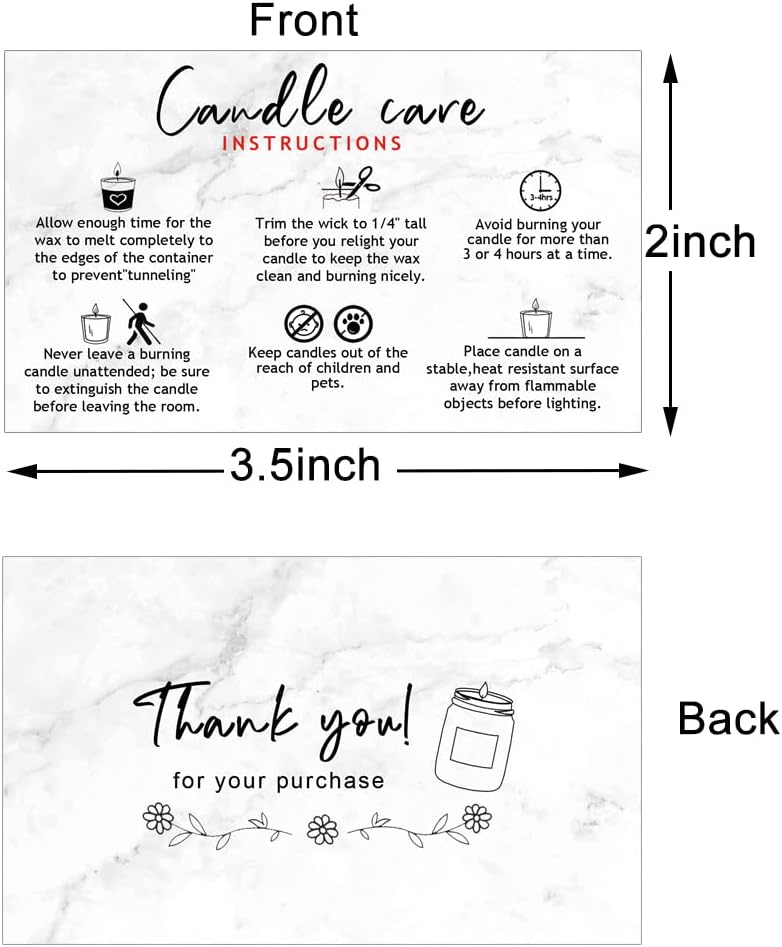 Handmade Candle Care Instruction Card, Candle Care Instruction Card, 3.5 x 2 inches for Handmade Candle Makers Soy Bees Wax Coconut Essential Oils, 50 Pack(Marble Look Design)